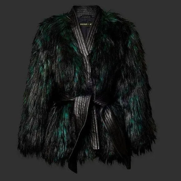 Balmain x H&M RARE Leather / Faux Fur Jacket / Coat Black Green Y2K US 6 EU 36 S