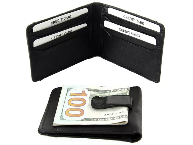 Leather Money Clip Slim Design Credit Card Id Holder Black Men's Wallet