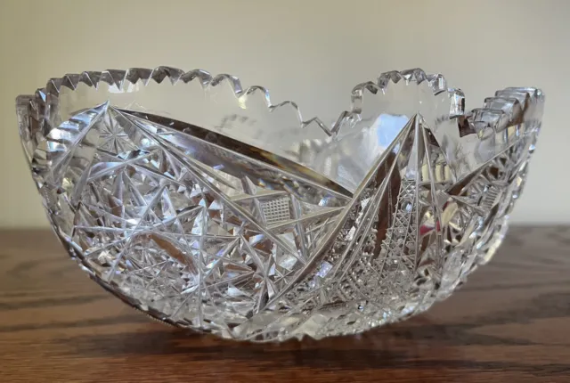 Antique American Brilliant Period ABP Cut Crystal Glass Hobstar Sawtooth Bowl 8" 5