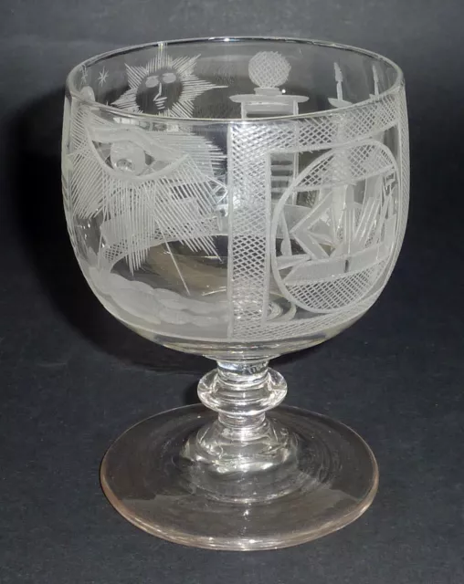 RARE ANTIQUE Georgian MASONIC Lodge RUMMER hand BLOWN engraved glass 1820-40