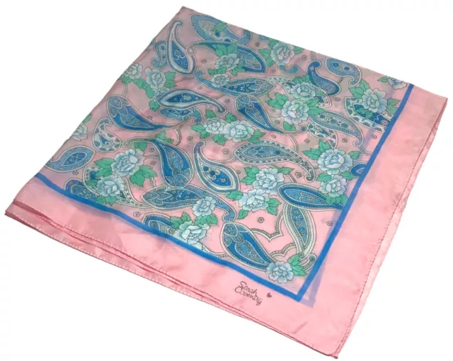 Vtg 80s Sarah Coventry Semi Sheer Square Paisley Pink Blue White Scarf 30X30