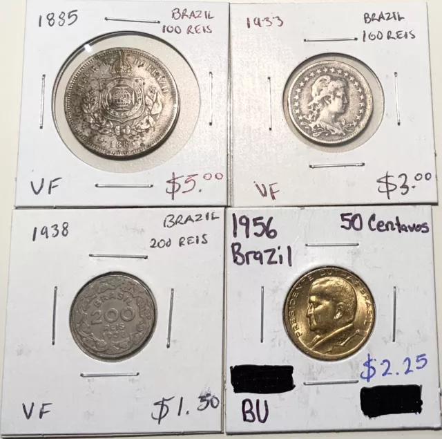 Brazil Coin Lot: 1885-100 Reís, 1933-100 Reís, 1938-200 Reís & 1956-50 Centavos