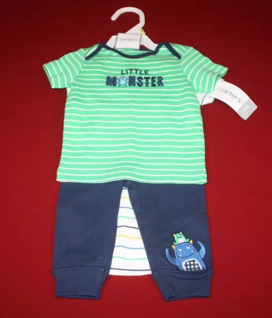 Carters Baby Basics Boys 3 Piece Set 3m Little Monster Pants Shirt Bodysuit New