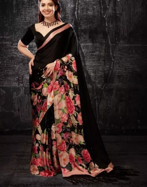 Designer silk saree floral print indian wedding party pakistani women black sari