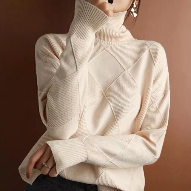 Women Casual Solid Color Long Sleeve Turtleneck Knit Sweater Tops Loose Pullover