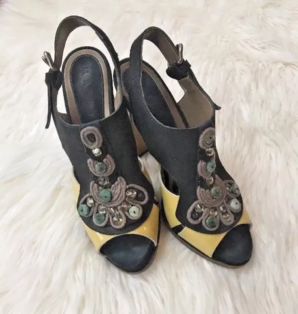 Marni Heel Sandal Embellished Turquoise Stone Leather Suede Size 39 Adjust Shoe