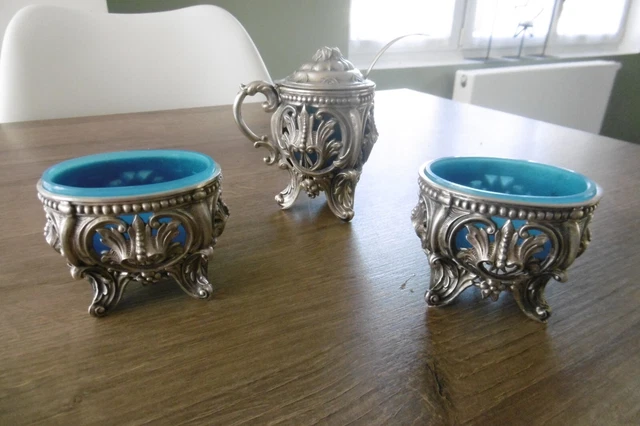 Ancienne paire de salerons salières en argent massif et opaline et 1 moutardier