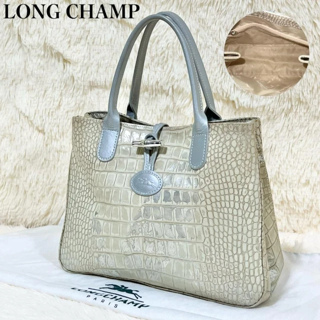 LONGCHAMP Roseau Crocodile Embossed Beige Silver Leather HandBag w/Storagebag JP