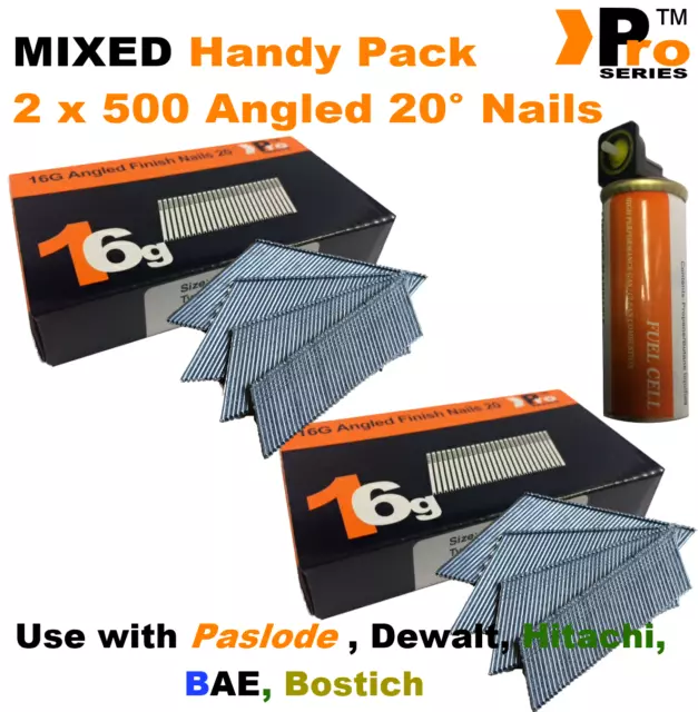 16g ANGLED Nails, 2 Sizes - , 2 x 500 pack + 1 x Fuel Cell for ,Paslode ,Hitachi