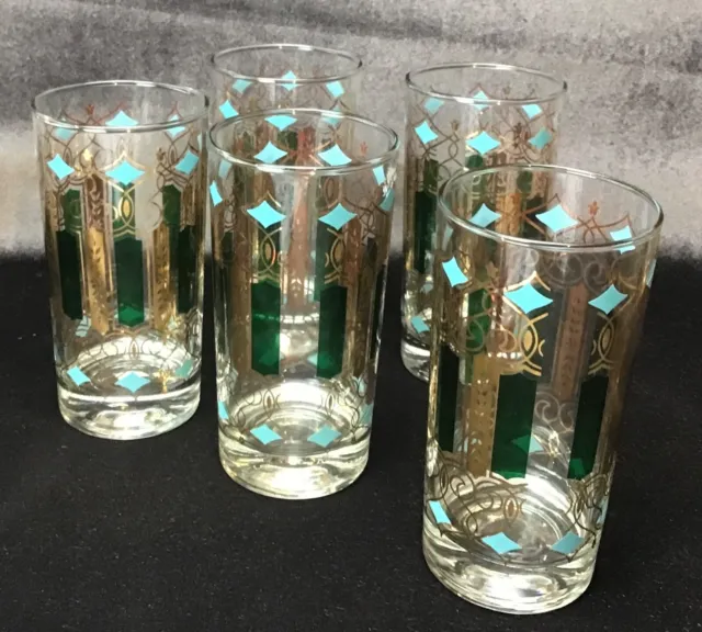 5 Mid Century  MCM Glass Tumblers Turquoise Green  Gold Geometric Scroll EXC!!