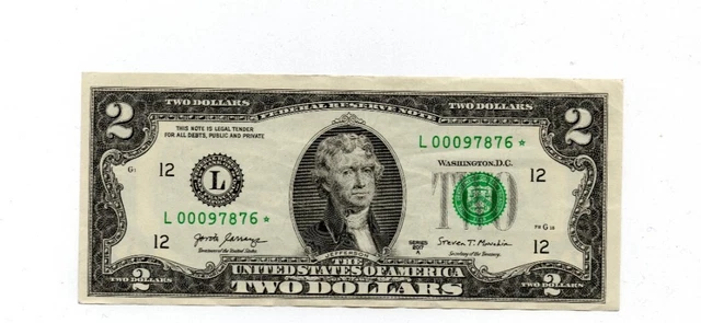One 2017A $2 Two Dollar Bill Low Serial Number Star Note