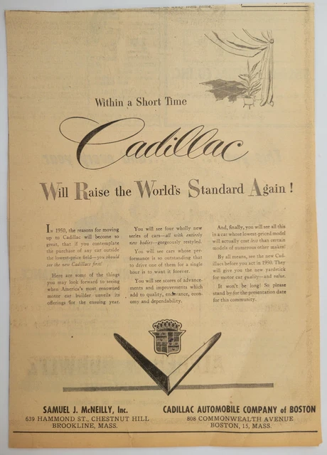 Cadillac Models Dealers Print Ad Brookline MA Citizen 1950 ~8x11"