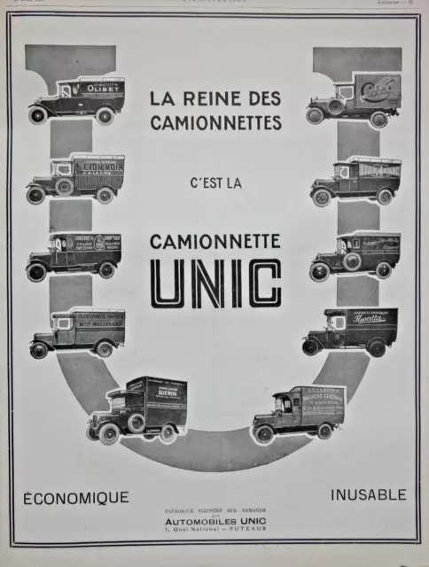 PUBLICITÉ DE PRESSE 1926 automobile UNIC LA REINE DES CAMIONNETTES