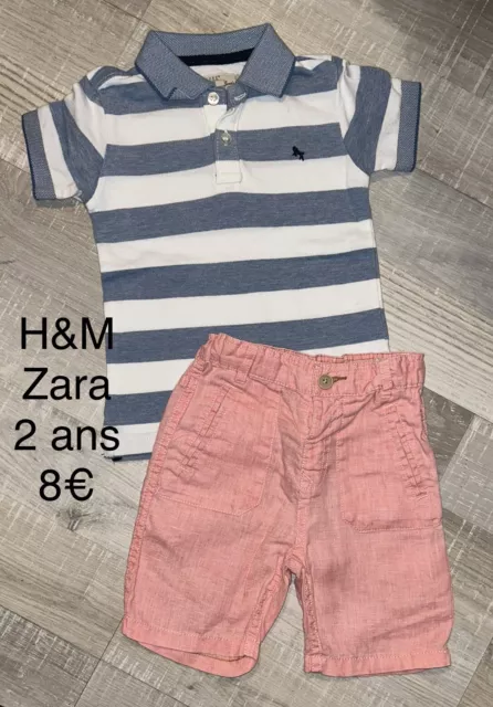 H&M Zara  2 Ans Garçon : Polo Rayé Bleu + Short Saumon TBE