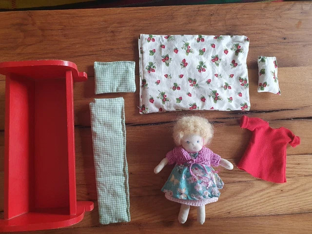 Waldorf Stoffpuppe Mit Wiege Flips+Flaps DDR Holzspielzeug Vintage