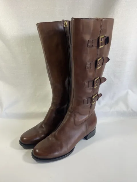 ECCO Women's Sz 39 US 8/8.5 Tall Knee High Riding Boots Leather Brown 4 Buckle