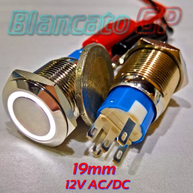 PULSANTE MONOSTABILE 19mm SPDT LED BIANCO 12V DC IP67 DEVIATORE antivandalo 5A