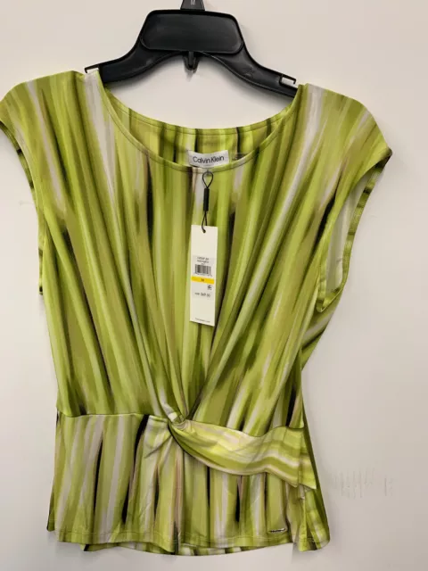 CALVIN KLEIN Printed Drape Neck Front Twist Top, Green, Size M $69.50