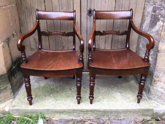 Fine Pair William IV Carved Mahogany Carver Open Arm Turned Chairs Bentwood Seat