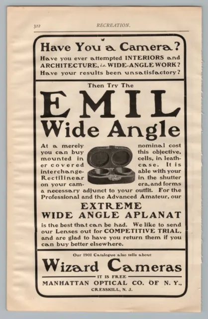 1890s-1910s Print Ad Wizard Cameras Emil Manhattan Optical Cresskill, Haynes Rye
