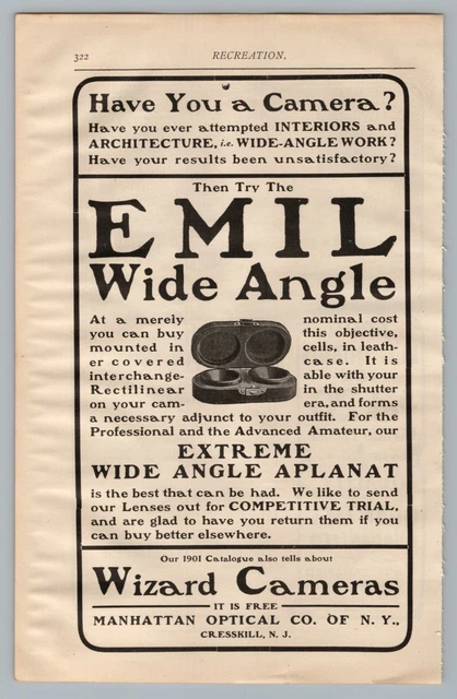 1890s-1910s Print Ad Wizard Cameras Emil Manhattan Optical Cresskill, Haynes Rye