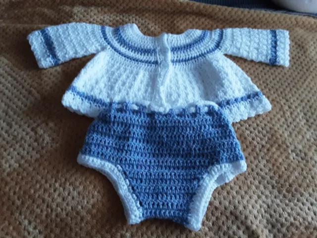 A New Hand Crochet Baby Boy Carigan And Pants Set White And Blue 3 - 6 Months