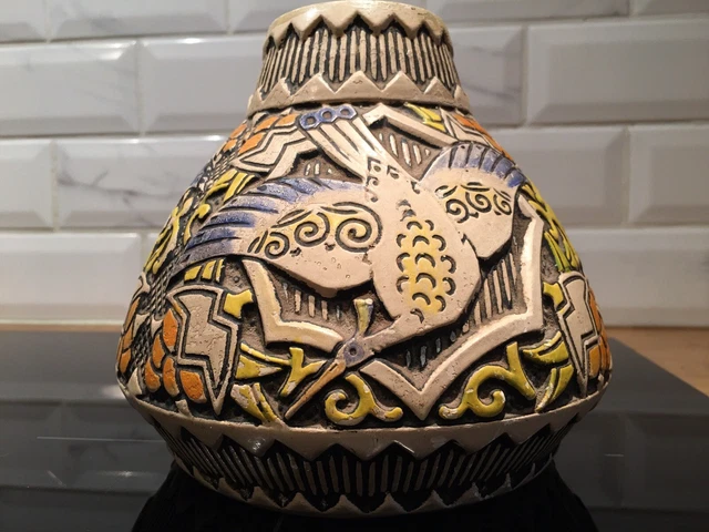 Ancien vase Céramique Art Déco aux oiseaux & fruits stylisés