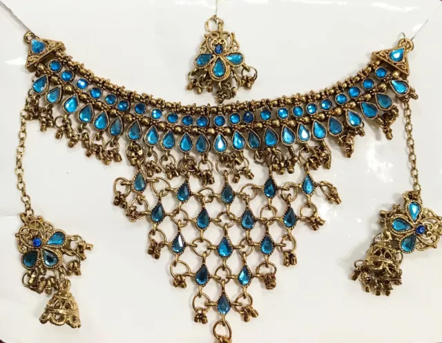 Bollywood Gold Tone Choker Style Kundan  Designer Necklace Jewelry Set Blu