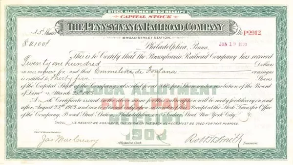 Pennsylvania Railroad Co. - Stock Certificate - Railroad Stocks