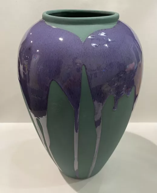 Large Vintage Haeger Art Pottery Vase Green w/ Purple Lava Drip Glaze 4304