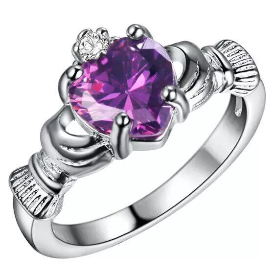 Women Silver Purple Zircon Crown Wedding Engagement Claddagh Ring Size 6
