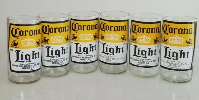 Corona Light Hand Cut Beer Bottle Drinking Glasses Set of Six Upcycled 8 oz. EUC