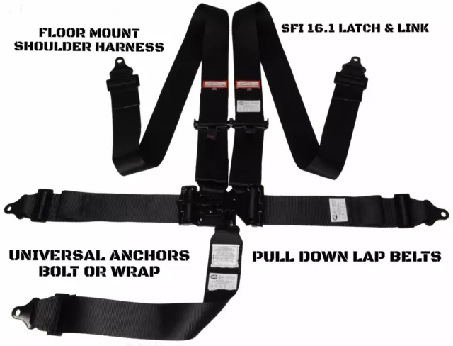 Dirt Oval Racing Harness Belt Sfi 16.1 Latch & Link Floor Mounted 5 Point Black