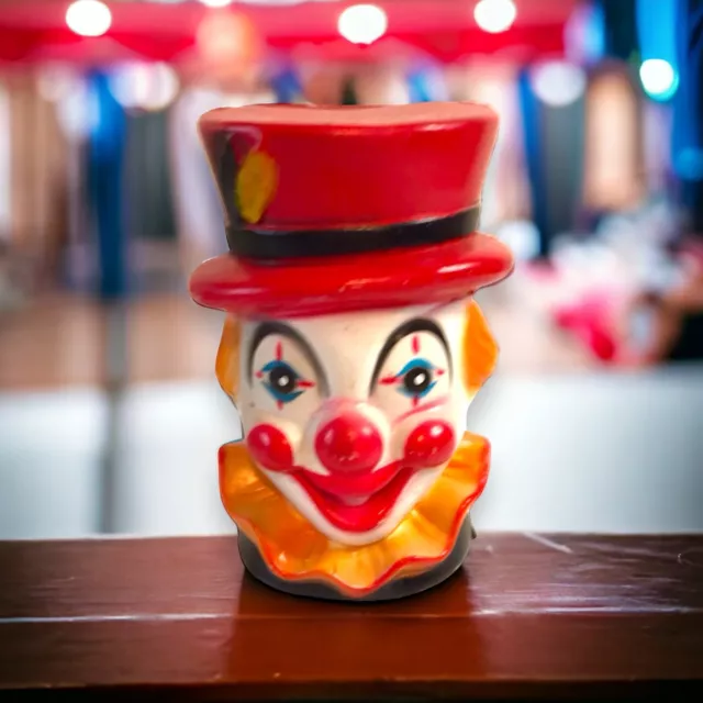 Vintage Happy Creepy Clown Head Plastic Coin Bank Retro Made In Hong Kong