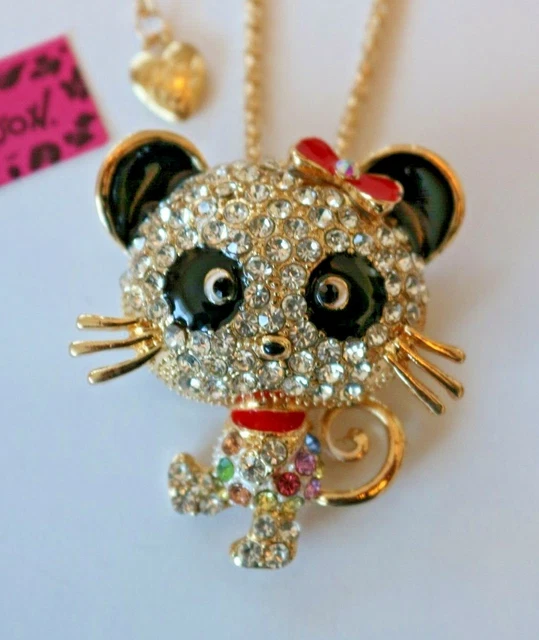 Betsey Johnson Enamel Crystal Rhinestone Cute Cat Necklace Pendant Brooch Pin