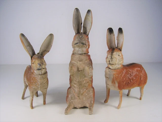 3 Antike Osterhasen - Füllboxen Pappe Masse Holz vor 1945