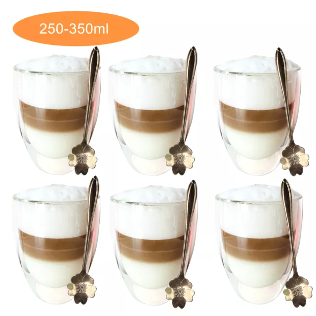 6xDoppelwandige Thermo Gläser 250/350ml mit löffeln Latte Macchiato Kaffee Tee