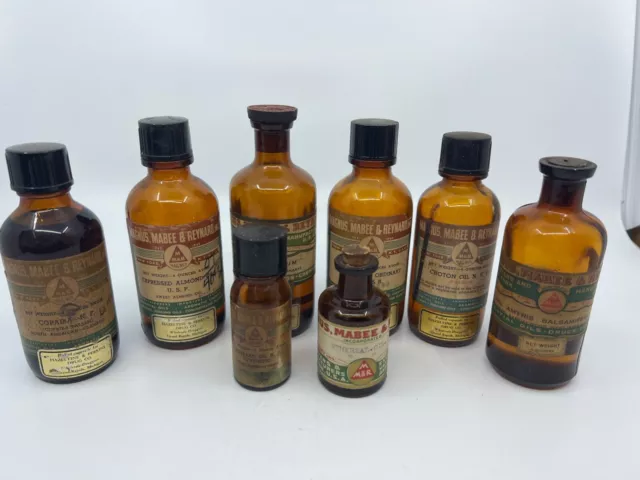 8 Magnus Mabee & Reynard Oil Antique Bottles Druggist Pharmacy Apothecary