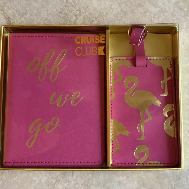 NEW CRUISE CLUB Faux Leather Pink Flamingo Luggage Tag & Passport Holder Set