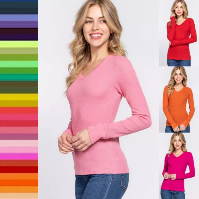 Slim Fit Women's V Neck Thermal Long Sleeve Top Cotton Waffle Knit Layering Top