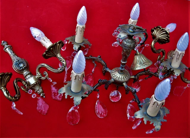 lustre bronze  5 branches + 2 appliques  et pampilles tbe
