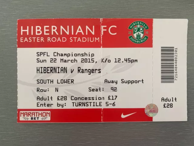 Hibernian v Rangers - SPFL Championship - 22nd March 2015 - Ticket Stub