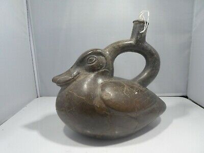 Authentic Pre Columbian Blackware Moche Stirrup Duck Vessel