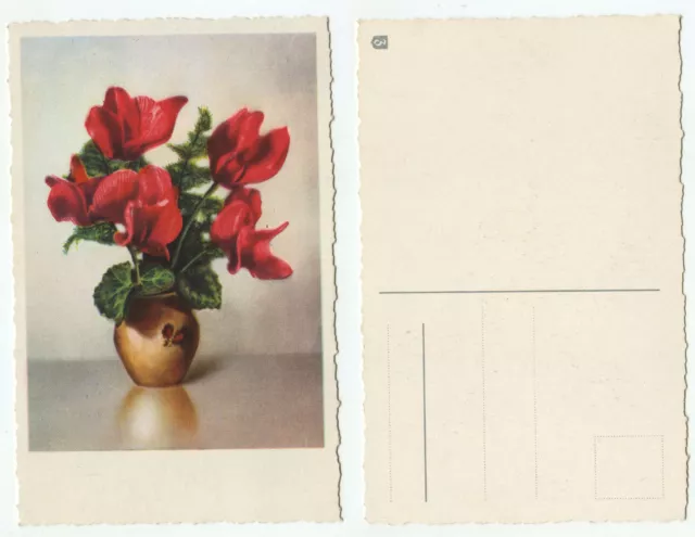 08039 - Red Flowers in Vase - Old Artist Greeting Card