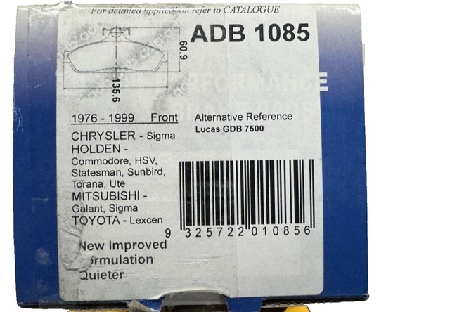 ADB FRONT BRAKE PAD ADB1085 for CHRUSLER SIGMA 1976-1999 $54.95 ...