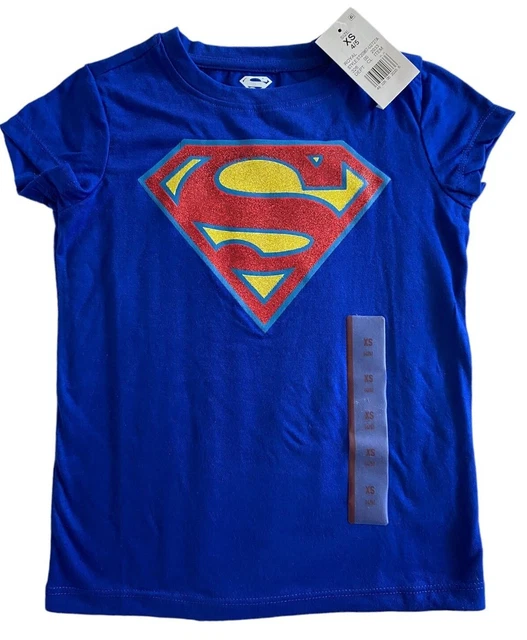 Super Hero SUPERMAN Girls T-Shirt Short Sleeve Size XS (4-5) BLUE Super Hero SUPERMAN Girls T-Shirt Short Sleeve Size XS (4-5) BLUE