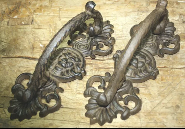 Pair (2) Cast Iron Lion Head Antique Style Barn Door Gate Pulls Cabinet Handles