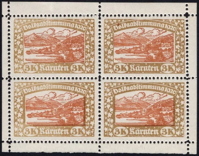 Österreich 1920 Lokalausgabe Kärnten 3 Kronen 4er-Kleinbogen postfrisch selten