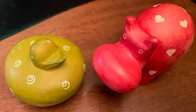 Lot of two soapstone animals green duck and red hippo (4" (L) 2.5" H with hearts