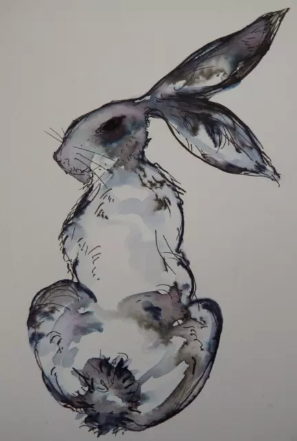 Original pen & ink wash drawing sketch of a hare sitting back and in profile